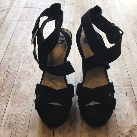 G by Guess Shoes - G by Guess Black Suede Cross Cross Strappy Wedges